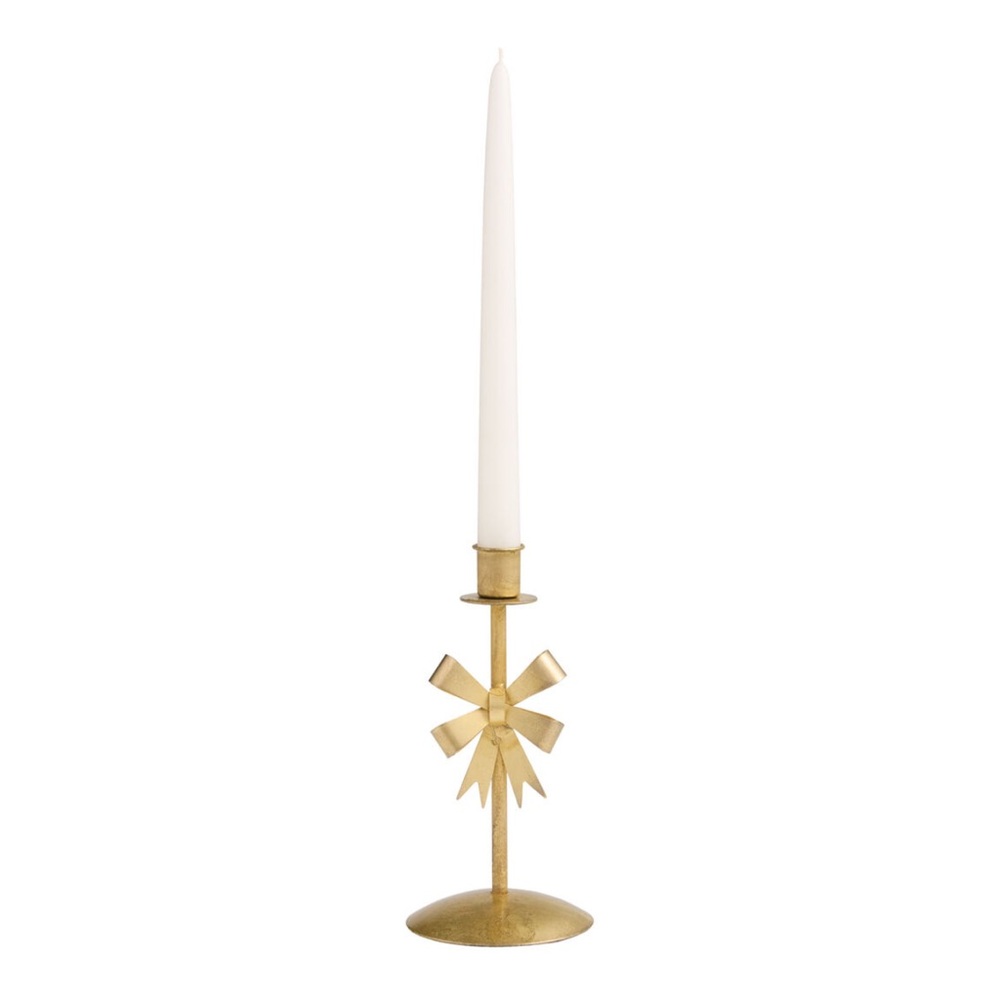 NWT World Market Antique Gold Metal Bow Taper Candle Holders (2)